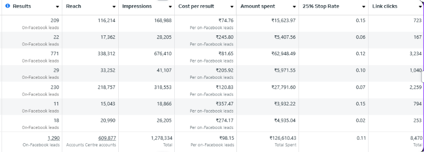 Selected lead-generation rows. The excerpt covers part of the work, not the full 2,500-lead total.